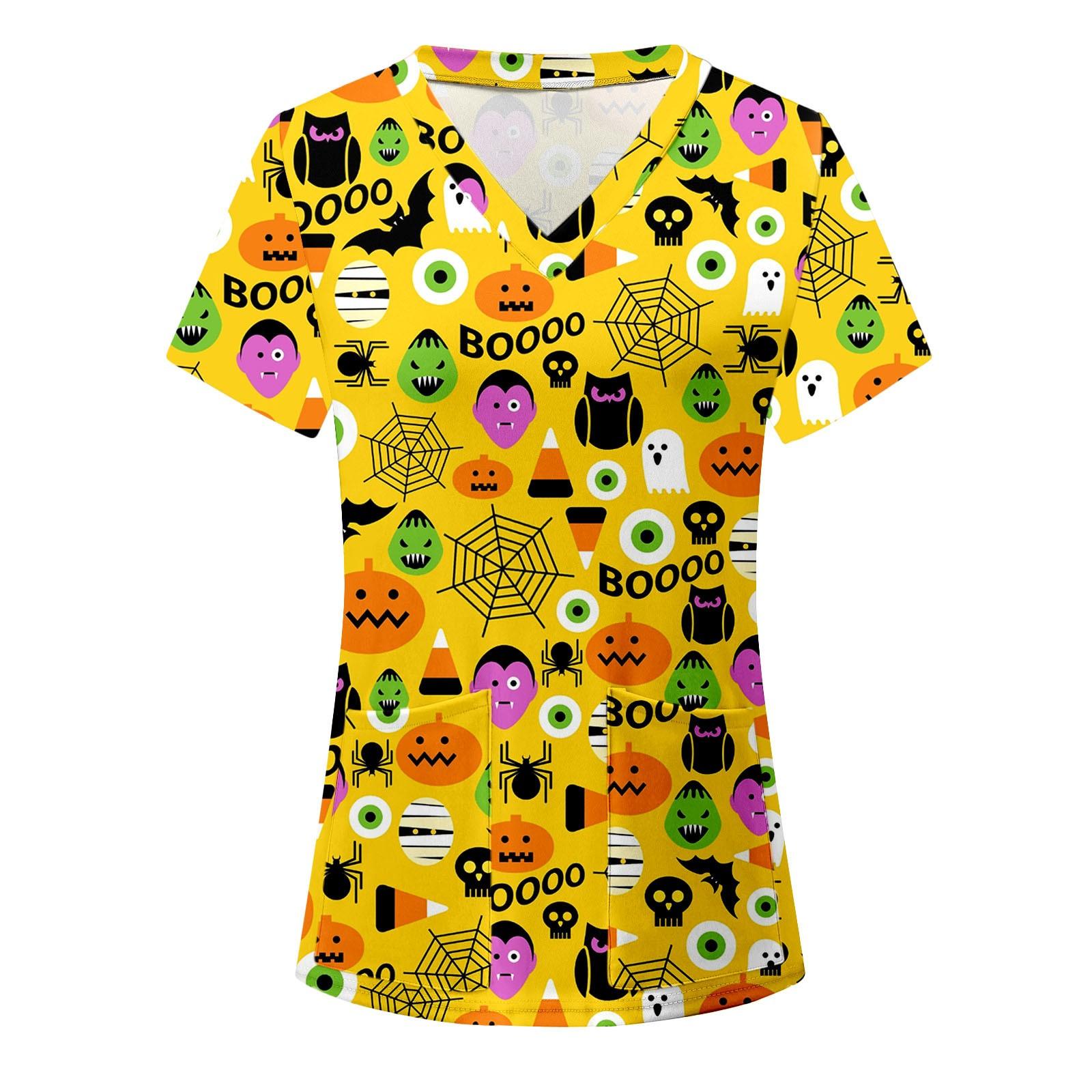 

Ladies Casual V-Neck Short Sleeve Halloween Print Uniform T-Shirt L жовтий