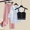 Knitted Suspender Vest Plaid Panel Sunscreen Chiffon Shirt Wide Leg Pants Three-piece Elegant Women Pants Set Summer Outfits