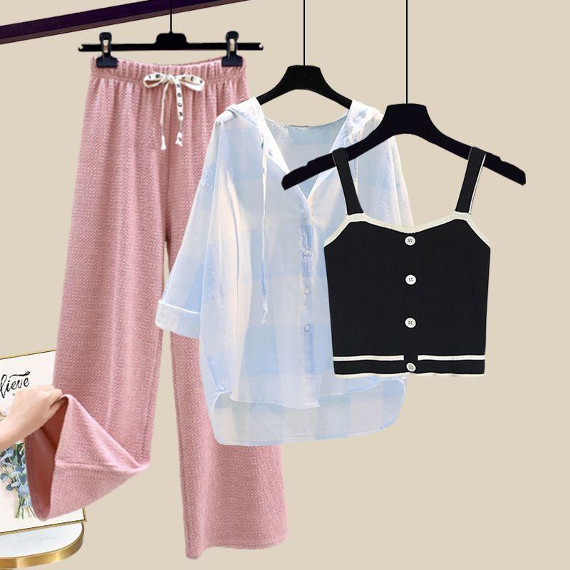 Knitted Suspender Vest Plaid Panel Sunscreen Chiffon Shirt Wide Leg Pants Three-piece Elegant Women Pants Set Summer Outfits