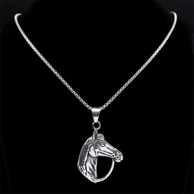 Stainless Steel Horse Head Necklace Pendant Silver Color Vintage Horses Lover Gift Accessories Jewelry Collier Homme NZZ372S02