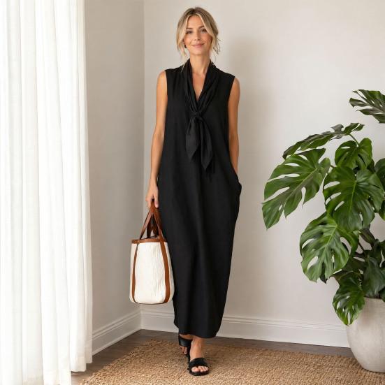 Maxi Abito da Donna con Scollo a V e Nodo sul Davanti, Abito Estivo Senza Maniche Ampio, Casual Fluido da Viaggio Vacanza Lungo con Tasche