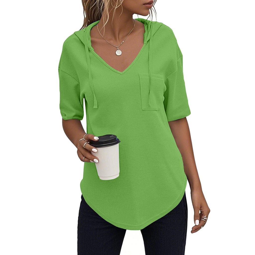 Women's Fashion Summer V-Neck T Shirt Drawstring Hooded Solid Color Short Sleeve Top