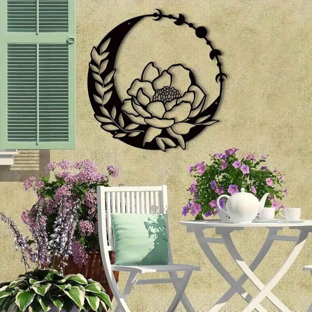 Elegant Metal Flower Moon Wall Art Outdoor Garden Sculpture Terrace Railing Decoration Living Room Balcony Indoor Home Decor