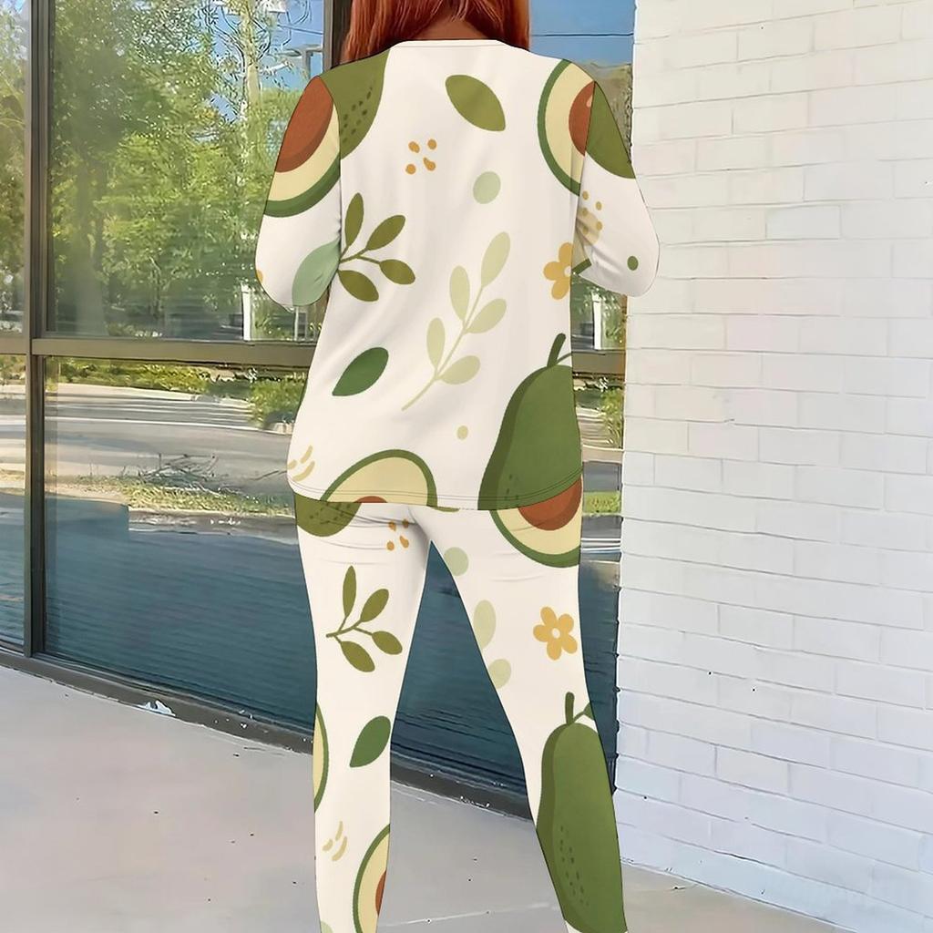 Women Plus Size Round Neck Long Sleeve Tropical Printed Fitted Pants Two Piece Set