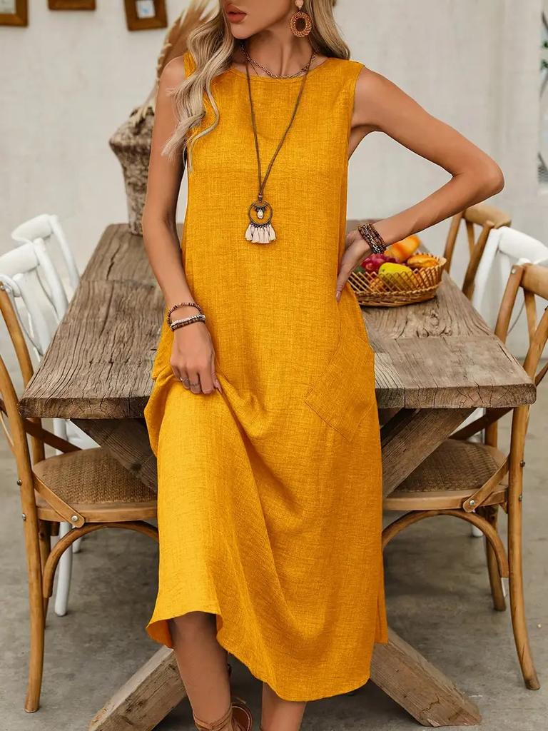 Damen Rundhals Ärmellos Locker Sitzend Maxikleid Einfarbig Lässig Pendler Urlaub Tasche Sommerkleid