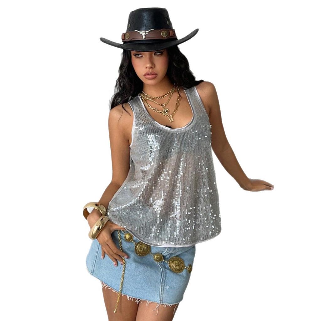 Women's clothing popular summer new products have a loose temperament and slightly transparent sequins. Europe, America, small vest, women