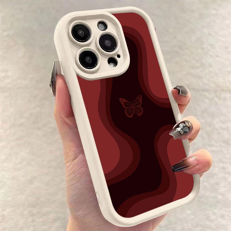 Trendy Butterfly Pattern Wine Red Shockproof Phone Case For iPhone 16 13 15 14 12 11 Pro Max X XR XS 7 8 15 Plus SE2 TPU Cover