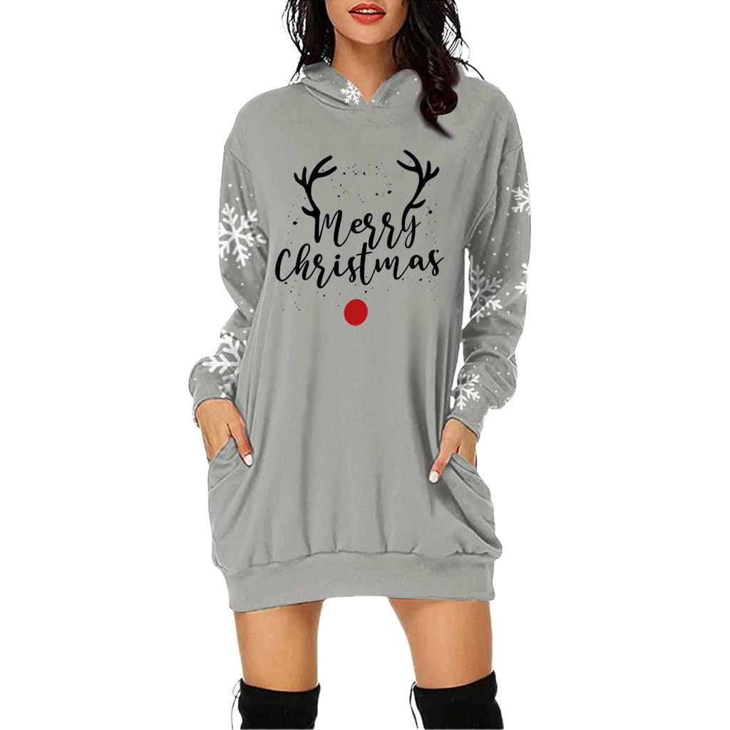 Rochie Pulover cu Glugă și Mâneci Lungi cu Buzunar și Imprimeu de Crăciun pentru Femei