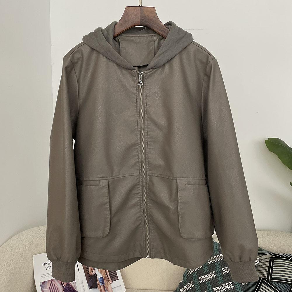 OFTBUY Femmes À Capuche Vintage Ample PU Faux Cuir Chapeau Veste Courte Décontractée Veste de Moto Féminine Zippée Rétro Moto Biker Manteau Vêtements d'Extérieur Hauts