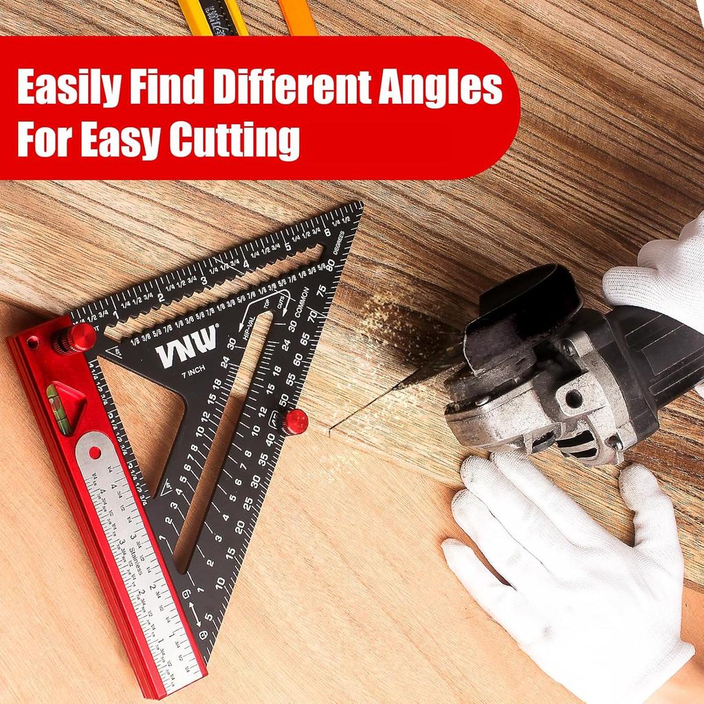 6-in-1 Carpenter Square 7 inch (1/8" Precision) Rafter Square Multi-Purpose Carpenter Tools:Square,Protractor, 1/16" Precision Steel Ruler,Marking
