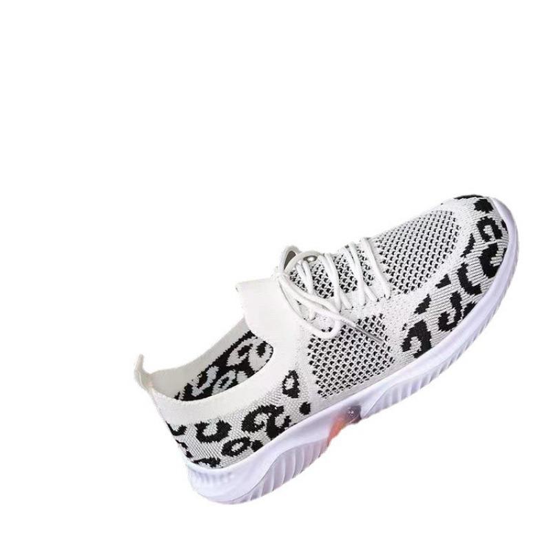 Women's casual sports shoes New leopard print round head lace-up flat bottom comfortable mesh women's shoes
