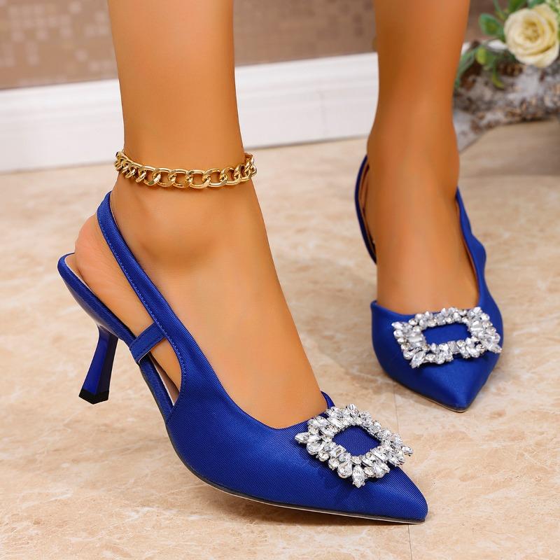 Fashion 2025 New Crystal Square Buckle High Heels Sandals Women Slip on Pointed Toe Pumps Woman Plus Size Party Wedding Shoes Mujer