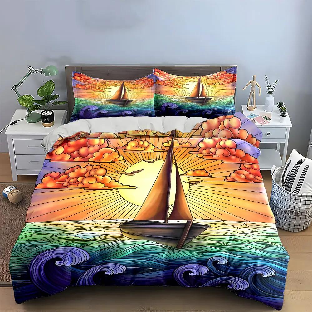Sailing Sunset Ocean Decor Soft Comfortable Duvet Cover Bedding Set Included 1*Duvet Cover & 2*Pillowcases Gift