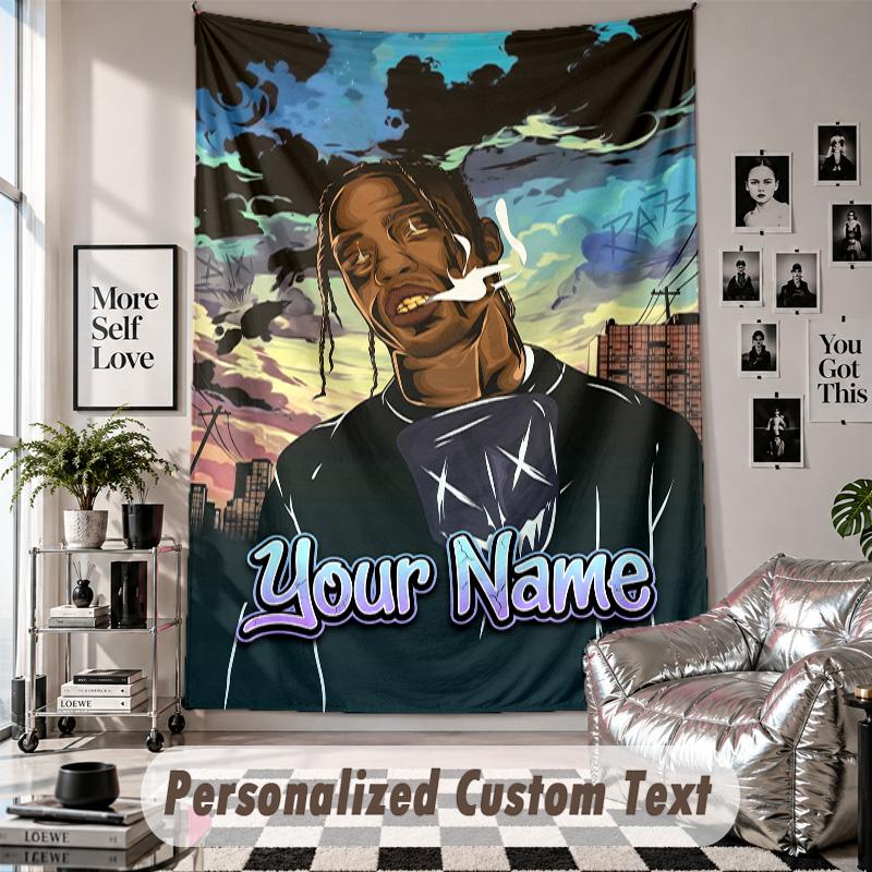 Wall Hanging Tapestry With Custom Name & Text, Travis Scott Decorative Tapestry For Bedroom