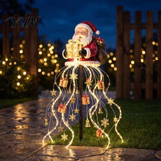 Decorative Porch Holiday Lighting Solar Santa Claus Christmas Garden Light, LED Holding Gift Box Yard Stake Weather Resistant Lawn Decor with