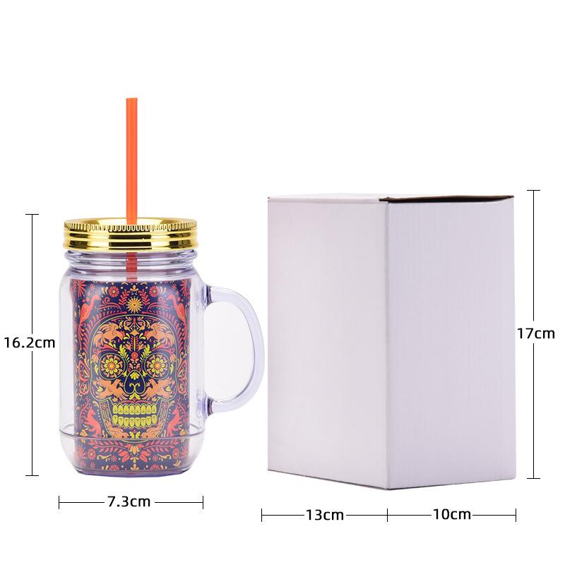 Double Plastic Cup Colored Skull Halloween Party Water Cup Portable Creative Straw Cup