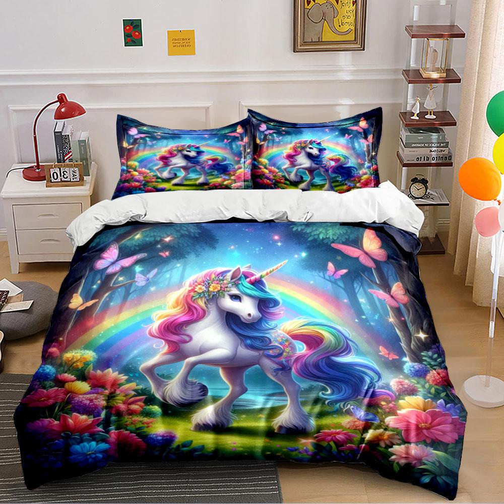 Colorful Unicorn Rainbow Set Bedding Duvet Cover Set Duvet Cover Pillowcases (1 * Duvet Cover 2 * Pillowcases, without duvet insert)