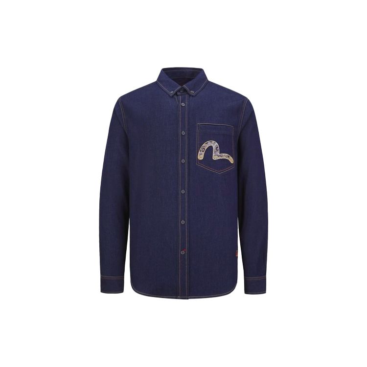 Evisu Sea God Embroidered Big M Print Long Sleeve Shirt Men shirts Denim-Blue 2EAHTM1SL112XXDN