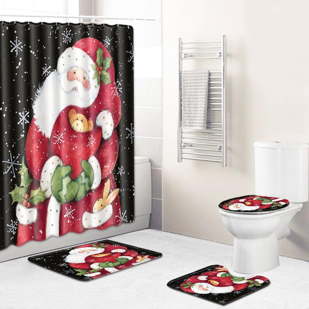 Christmas Shower Curtain Floor Mat Combination Four-Piece Set Bathroom Non-Slip Mat Toilet Absorbent Door Mat Carpet