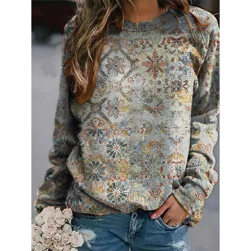Women Hoodie Fashion Floral 3D Pullover Autumn Winter Vintage Printed Long Sleeve Round Neck Sweatshirt
