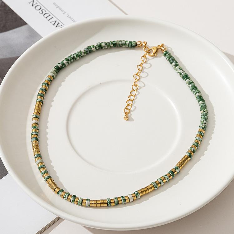 GEMCHIC Women s Handmade Natural Green Stone Beaded Necklace with Bamboo Gold Beads