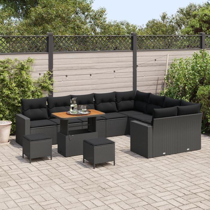 Ensemble de canapé de jardin de 12 pièces avec coussins en rotin poly noir acacia 3363604