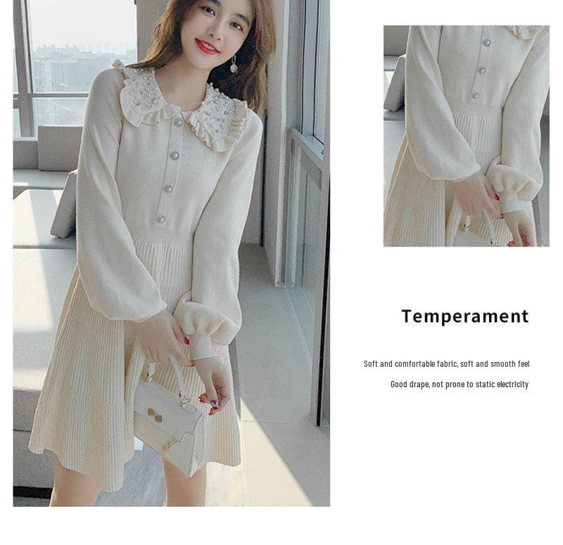 Beaded Petite Wool Knit Dress with Doll Collar for Women - Slimming, Age-Reducing Autumn Winter Layer