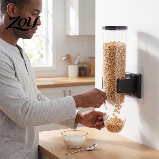 Wandmontierter Müsli-Behälter, Trockenfutter-Spender, platzsparend mit Messbecher für Reislagerung, Klarer luftdichter Behälter für und Snack-Spender