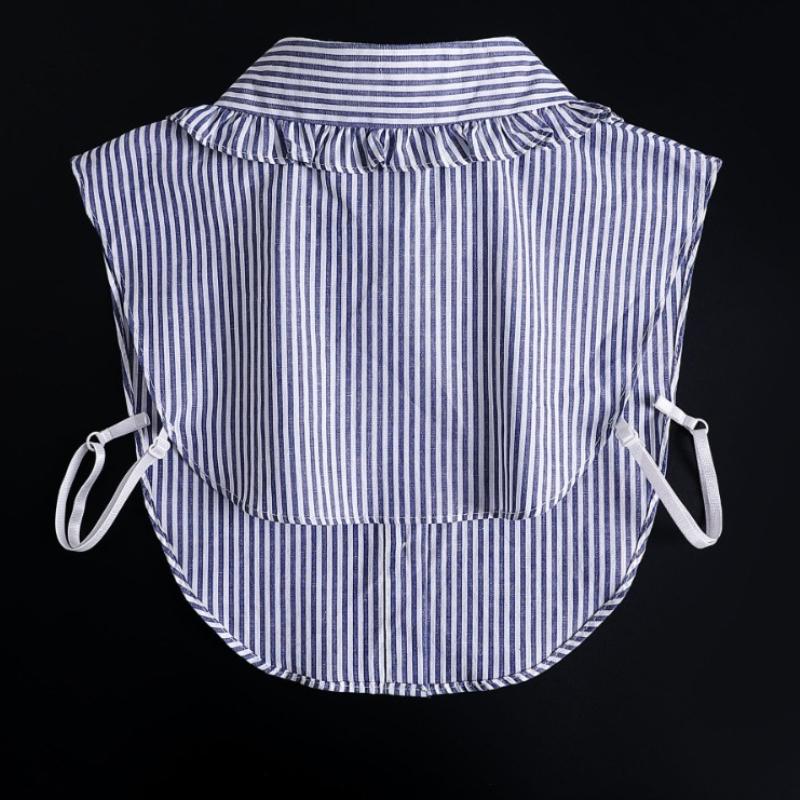 Blue Striped Pleated Fake Collar with Lotus Leaf Lace Detachable Collar Shirt Dickey Half Blouse False Collar for Lady Girls