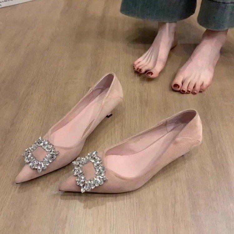 Temperament rhinestone square buckle high heels women's 2025 new French senior bridesmaid shoes pointed thin heel small heel single shoes