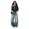 Retro American street flanged waist design jeans women's autumn new loose and versatile mopping wide-leg pants tide