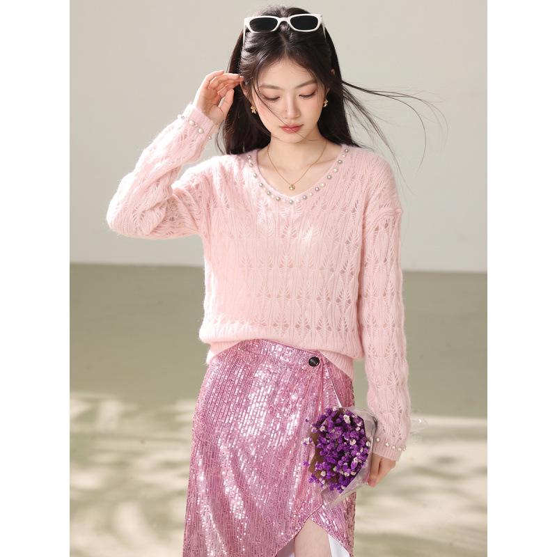 2026 Women's Korean-Style Beaded Hollow Pullover Sweater, Autumn Knitwear with Relaxed Design