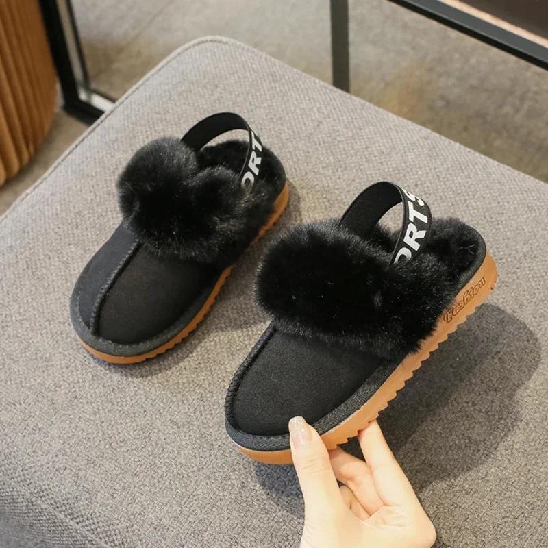 Fashion Elastic Band Fur Slippers Kid Girl Brand Design Winter Plush Sandals Luxury Slip-on Platform Mule Slide Child Warm Home Shoes
