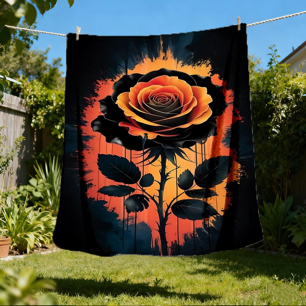 1pc Black Rose Art Print Outdoor Flannel Blanket Soft All Season Polyester Throw , Perfect for Picnics & Travel , Picnic Accessory