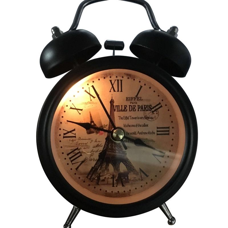 Classic Vintage Silent Metal LED Night Light Twin Bell Alarm Clock Ticking Retro Tableclock