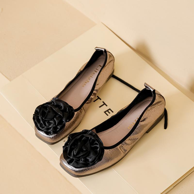 Fashion Rose Flower Ballet Flats Women Silver Sequines Cloth Foldable Shoes 35-43 Big Size Floral Loafers Elastic Band Slip On Loafers