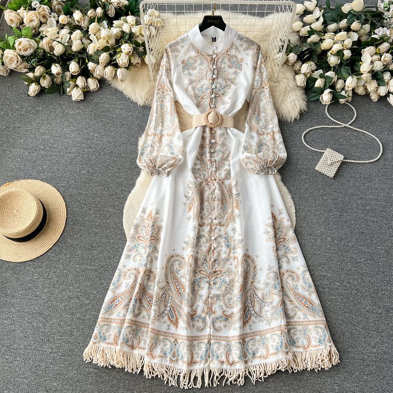 Palace Style Niche Style Print Long Puff Sleeve Dress