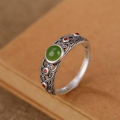 S925 Sterling Silver Hetian Jade Jasper Lucky Transfer Bead Ring Women's Index Finger Ring Retro Style Guochao Niche Opening