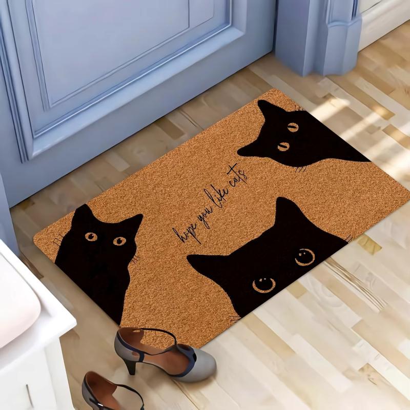 Schattige Zwart Kat Kijkt Print Deurmat Stofverwijdering Makkelijk Schoon Anti-slip Buiten Entree Huisdier Liefhebber Woondecoratie Vloerkleed 30x50cm 12x20inch brown