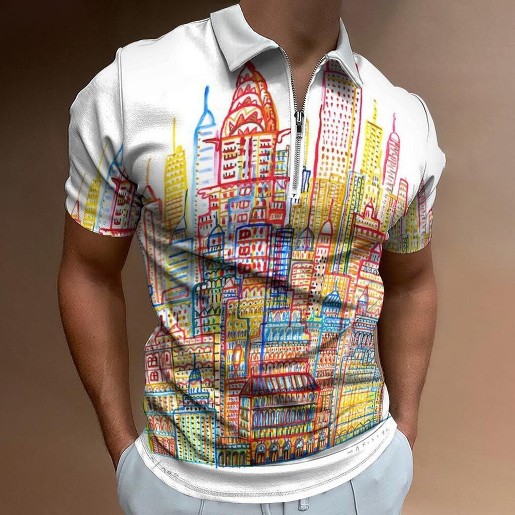Must-Have: Sketch Print Half-Zip Short Sleeve Polo, Casual Style