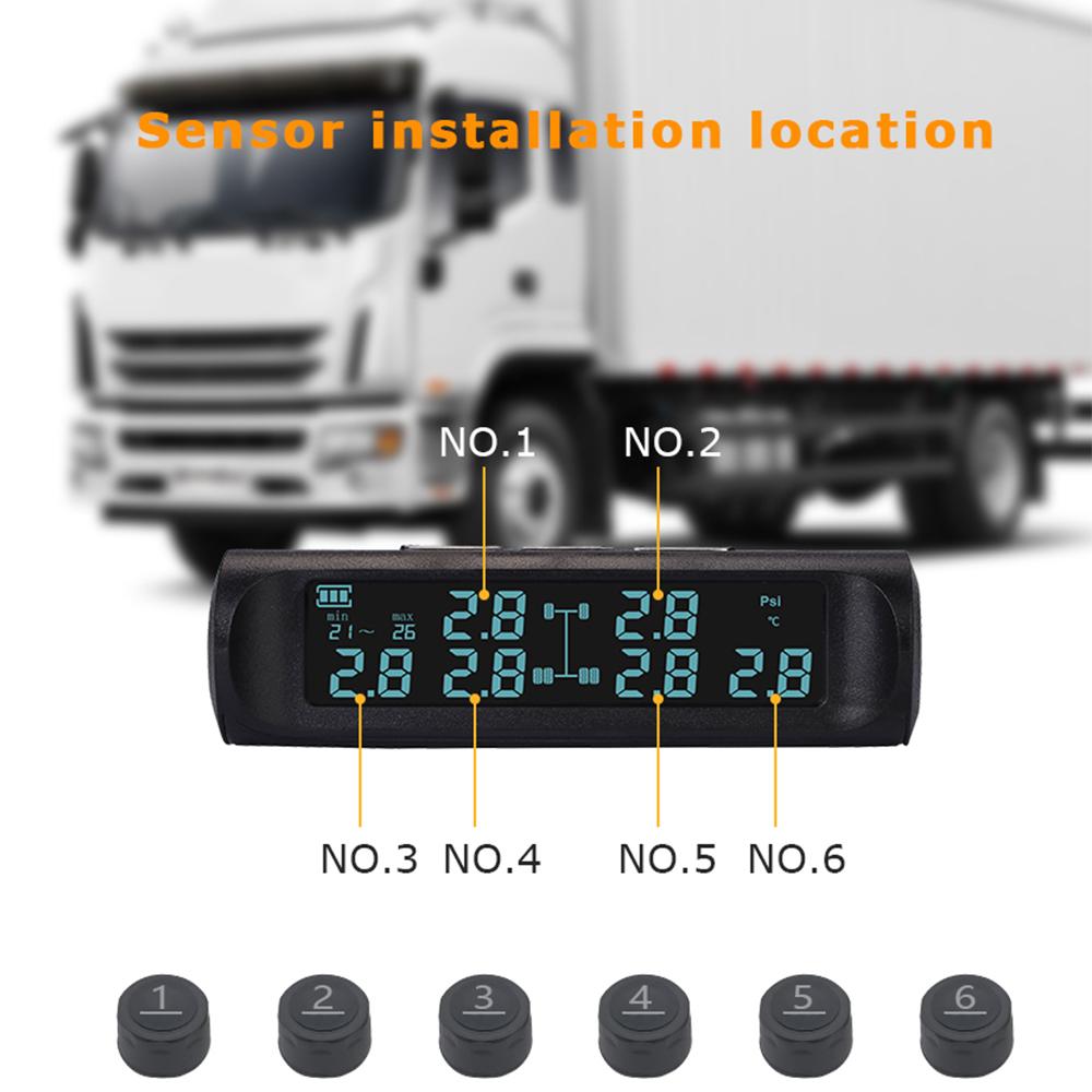 Solar Power TMPS LCD Display LCD Security Alarm Tire Pressure Monitoring For Truck Bus Car Tyre Temperature Alarm System With 6 External Sensors