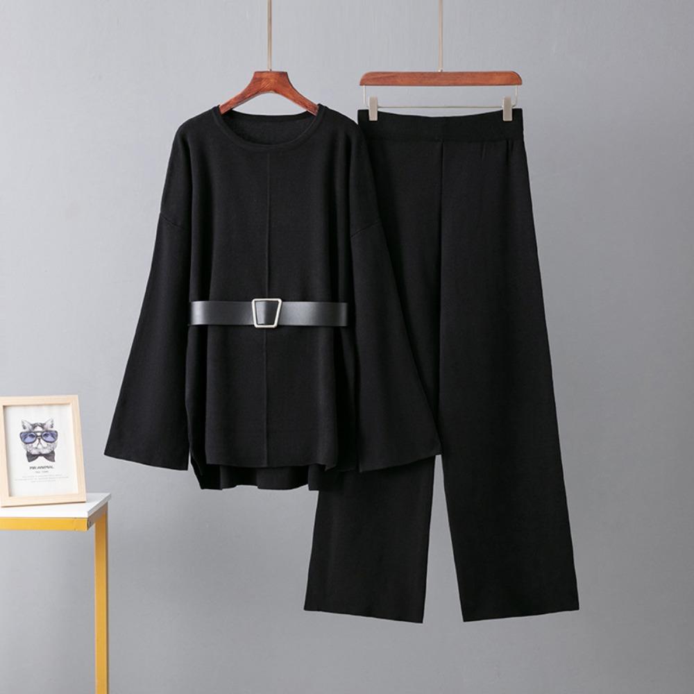 Pletené kalhoty se širokými nohavicemi, pas, svetrový oblek, dámský jarní a podzimní volný módní temperamentní dvoudílný oblek