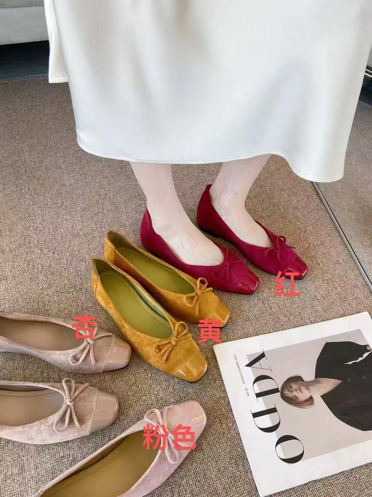Summer 2025 New Square Head Bow Suede Low Heel Niche Doudou Pregnant Women's Splicing Shoes