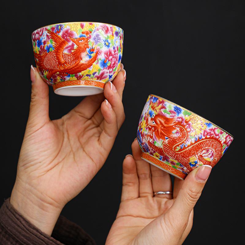 Handmade Enameled Master's Cup Cloisonné with Ten Thousand Flowers Pattern Jian Zhan Style Ceramic Tea Cup
