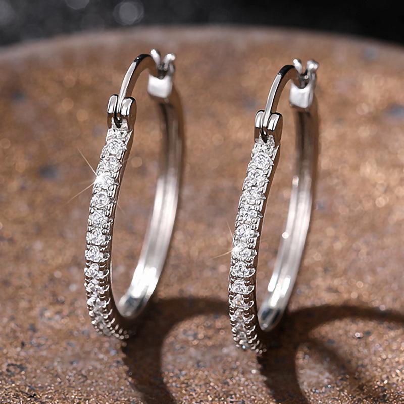 Popular Big Earring with Rhinestone 28mm Crystal Circle Hoop Earrings Simple Big Circle Silver Color Hoop Earrings for Women