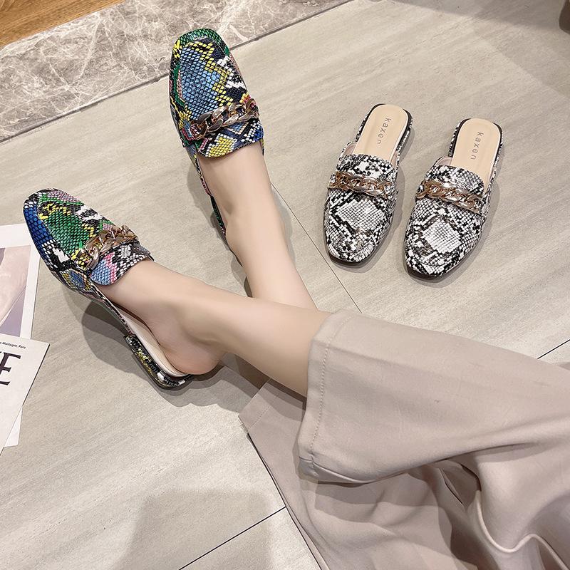 Summer new Baotou half-drag female flat-bottomed snake pattern lazy sandals female