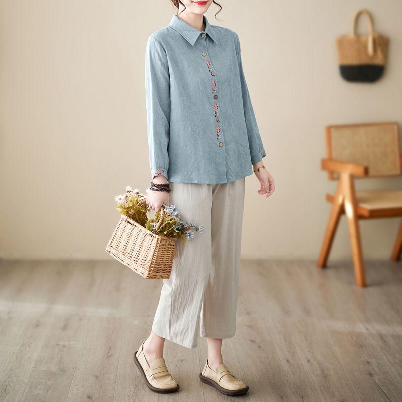 Chic Embroidered Cotton Linen Plus Size Summer Suit for Women - Short Sleeve Two-Piece Set