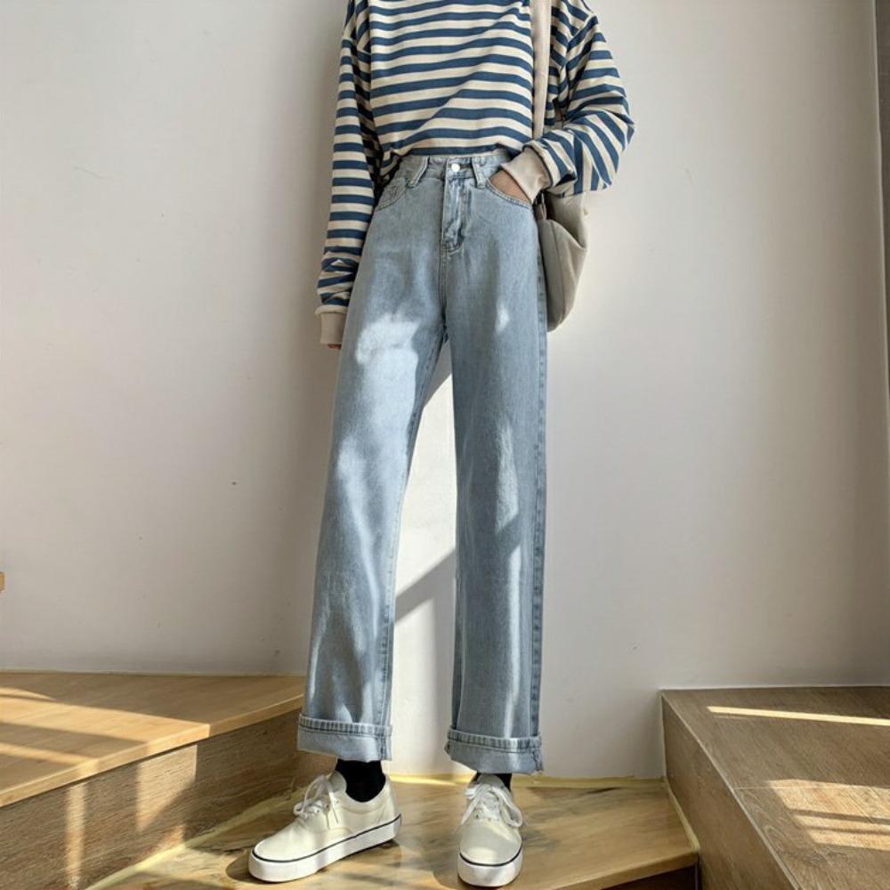 Korean Version of Chic Fashion New Versatile High-waisted Denim Straight-leg Pants Women's Loose and Thin Casual Wide-leg Trousers