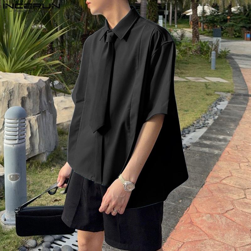 INCERUN Summer Men Lapel Tie Up Short Sleeve Buttons High Low Casual Shirts