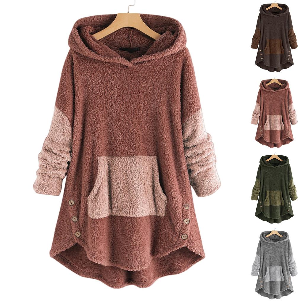 Women's Loose Plush Solid Color Long-sleeved Hooded Sweatshirt